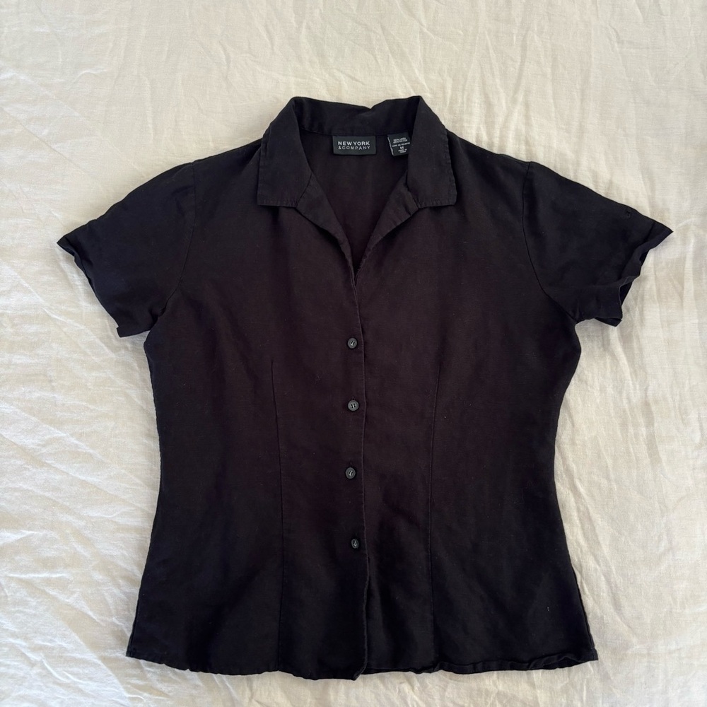 New York & Company Linen Button Up Short Sleeve Blouse Women’s M Resortwear